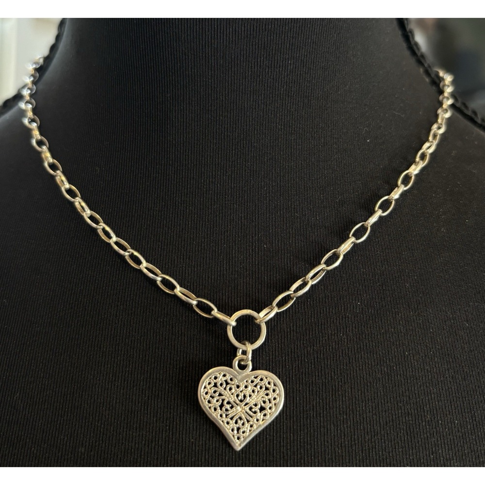 Vintage .925 Silver Filigree Ornate Heart Pendant & Chunky Oval Link 16  Chain